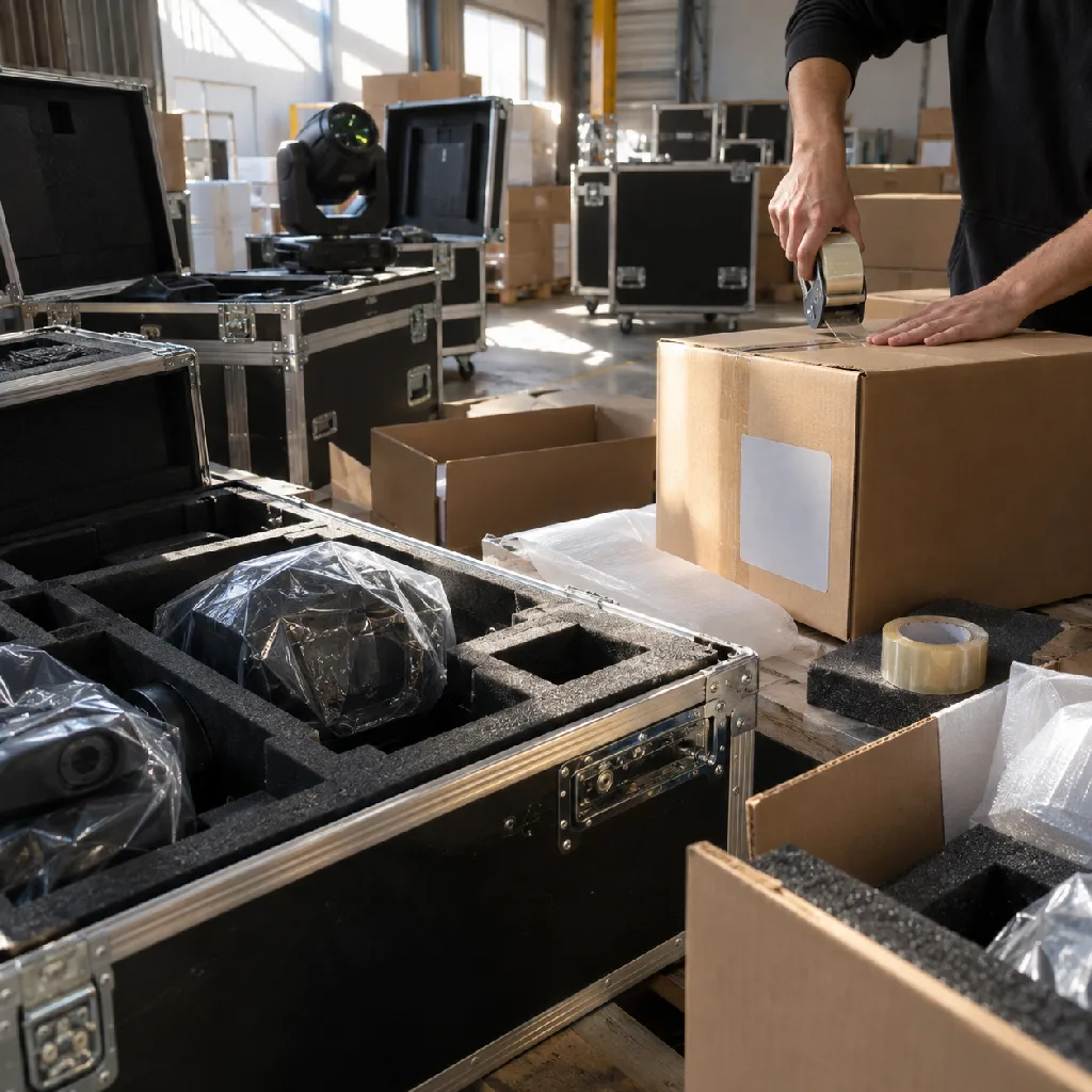 Lighting products packed for delivery in protective cartons and road cases
