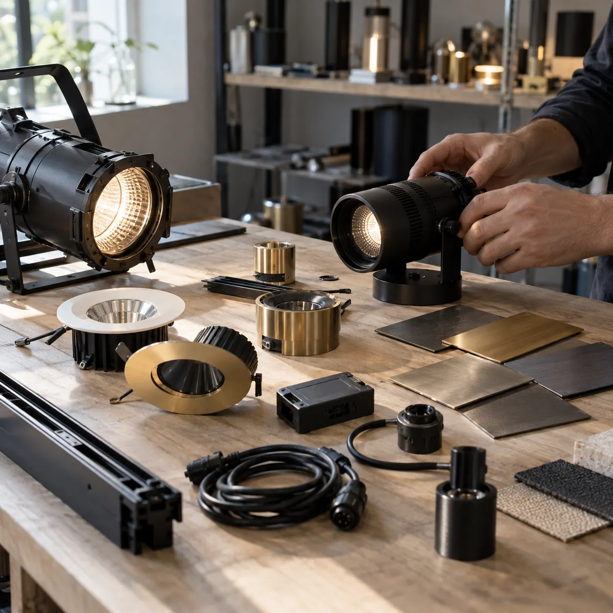Lighting fixtures arranged on a specification bench