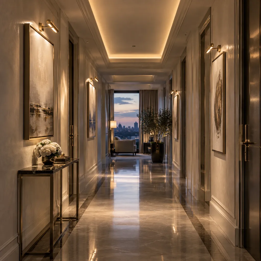 Warm architectural lighting in a hospitality corridor
